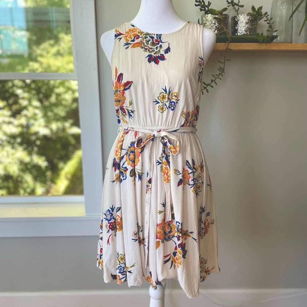 Old Navy Sleeveless Ivory Floral Tie Belt Dress Sz Small